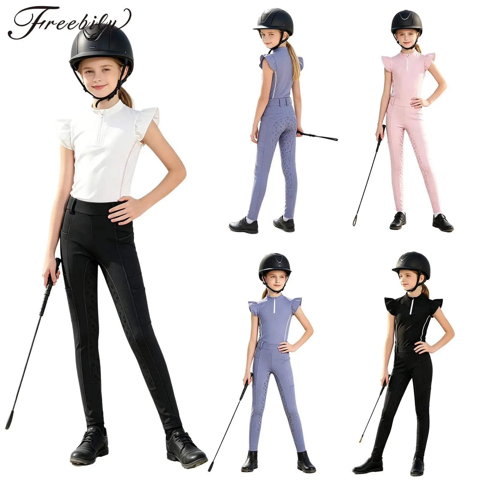 Kids Girls Horse Riding Outfit Zip-up Ruffled Sleeves Contrasting Trim Top And Anti-slip Full Seat Equestrian Breeches Pants Set
