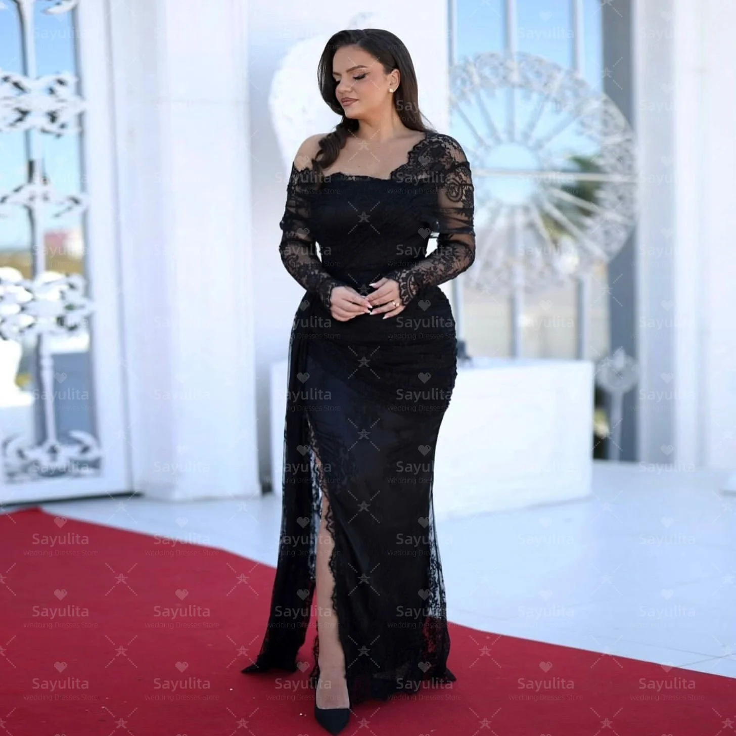 

Sayulita Черные платья для выпускного вечера с открытыми плечами и длинными рукавами Вечернее платье с разрезом по бокам Женская одежда для особых случаев Торжественное платье по индивидуальному заказу