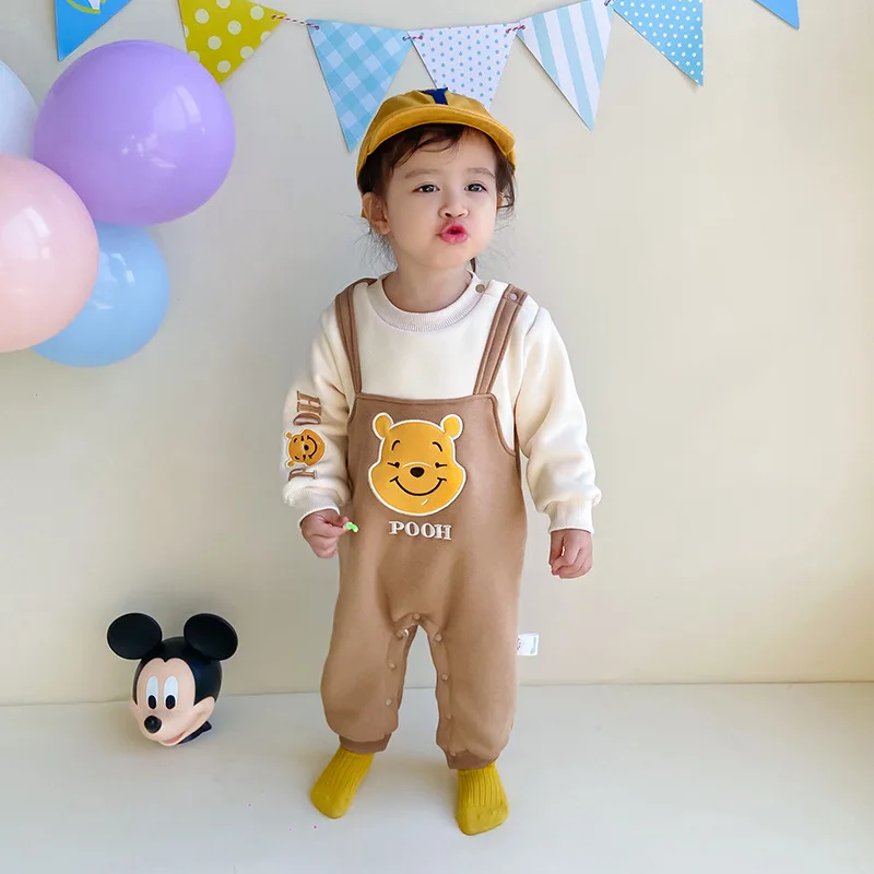 Winnie the Pooh Baby Boy Onesie Winter Thickened Warm Fake Two Piece Infant Romper Newborn 0-1 years Bodysuits Clothes - view 5