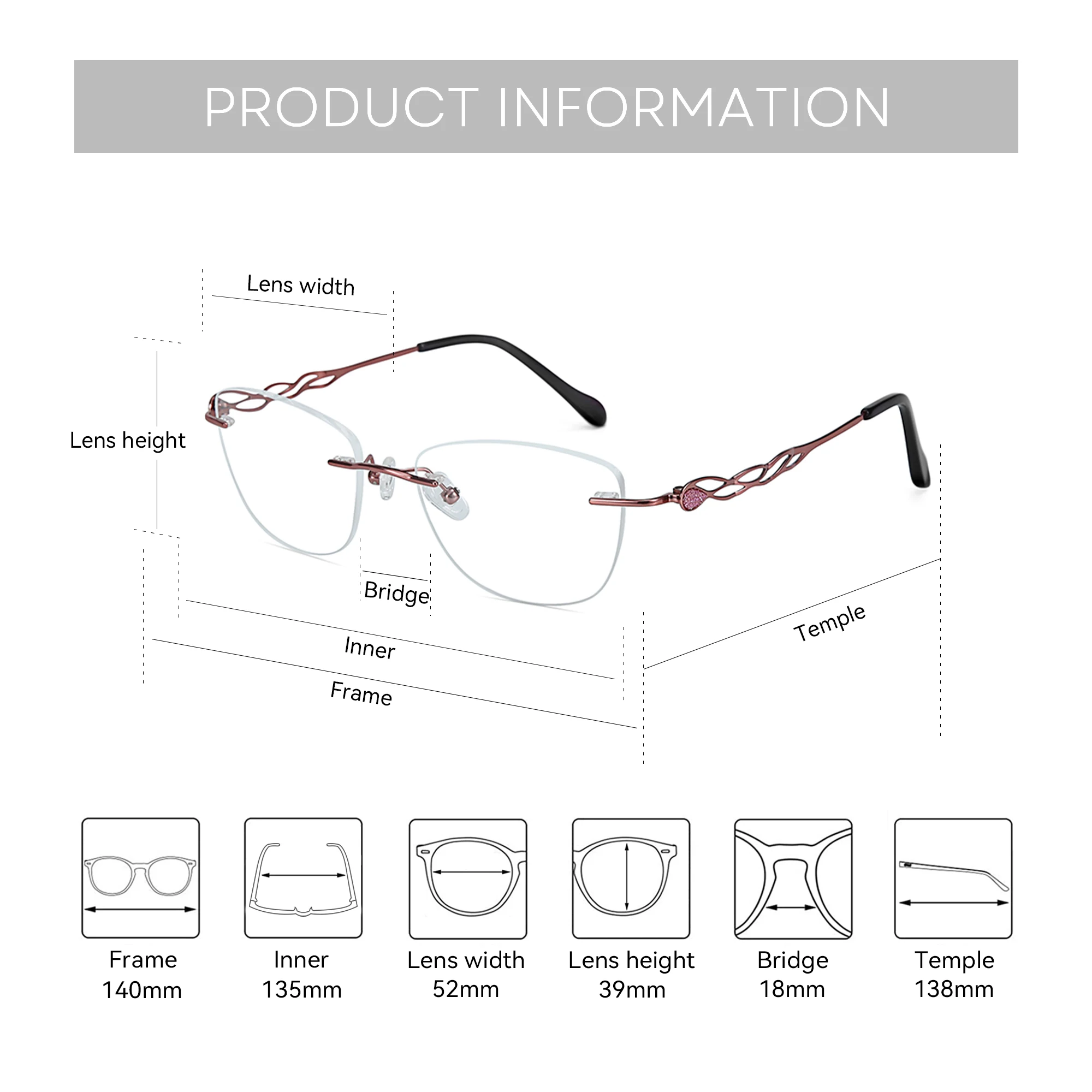 BLUEMOKY New metal square frameless prescription glasses for women with myopia, anti blue light progressive photochromic effect