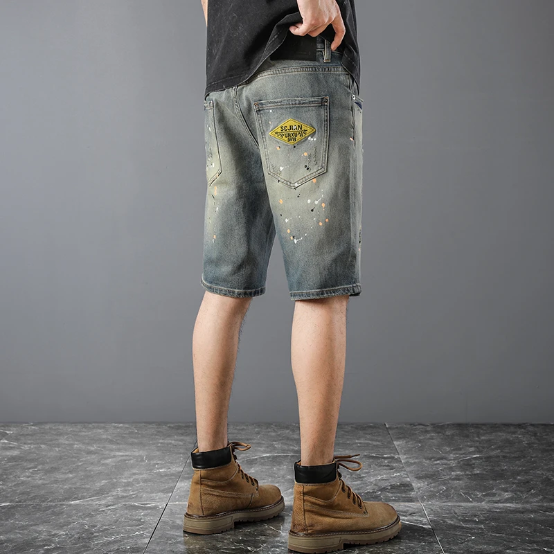 

JXN1015 American casual summer spray dots paint denim shorts men handsome personality printing Slim retro trend