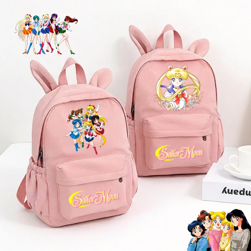 

SailorsMoon Anime Woman Pink Rabbit Ear Backpack Cute Cartoon Kid Girl Student BackSchool Pen Book Stationery Storage School Bag