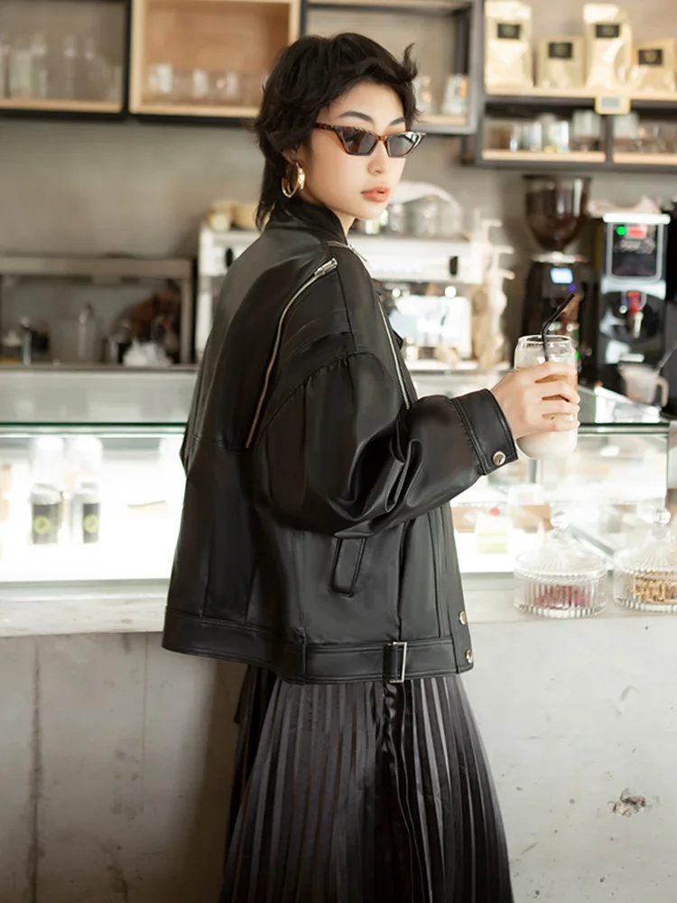 Dames Eapenvacht Leer Jaet Rits Opstaande Kraag Loose Fit Ort Sle Faionable Streetwear Lente 2025