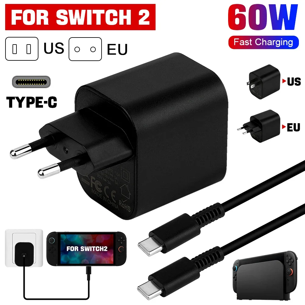 NEW 60W AC Power Supply Adapter For Switch 2 w USB Type C Cable Power Adaptor 60W Fast Charge For Switch 2 Gaming Accessories