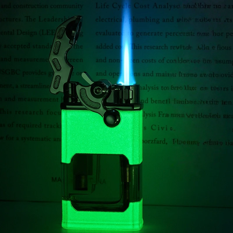 

Metal Arm Glowing Gas Straight Towards Torch Lighter Transparent Air Window Windproof Dark Blue Flame Cigar Lighter Smoking Tool