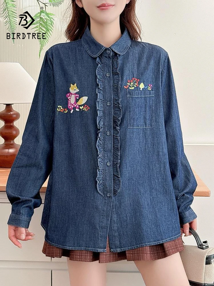 

New 2025 Autumn Long Sleeve Denim Shirt, Women Turn-down Collar Cute Embroidery, Mori Girl Sweet Ruffles Loose Blouse T58677CC