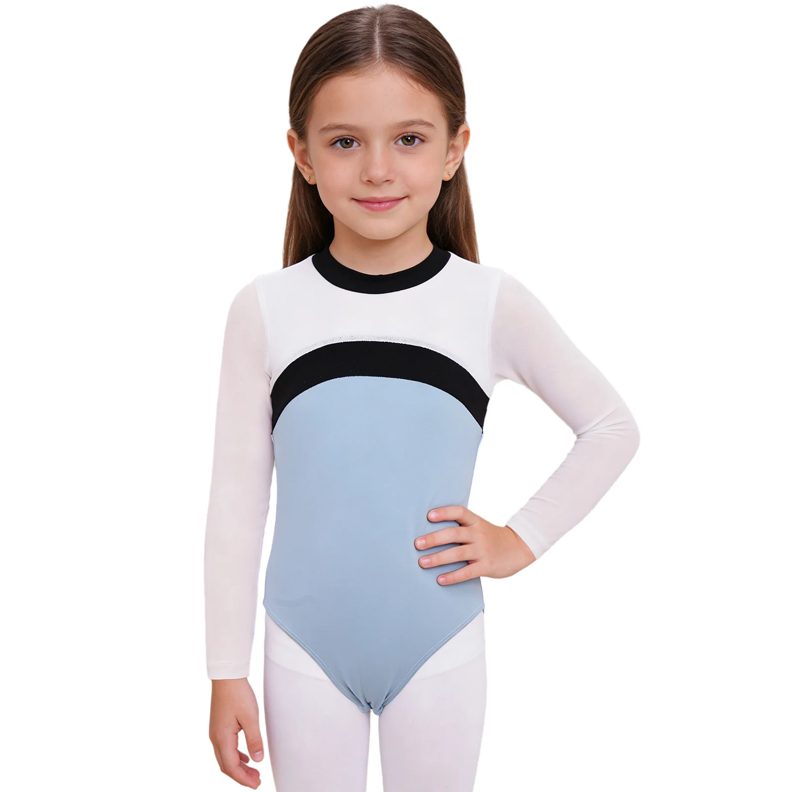 

Kids Girls Gymnastics Ballet Examination Dance Leotard Sheer Mesh Long Sleeves Buttons Crotch Bodysuit for Performance Outfits