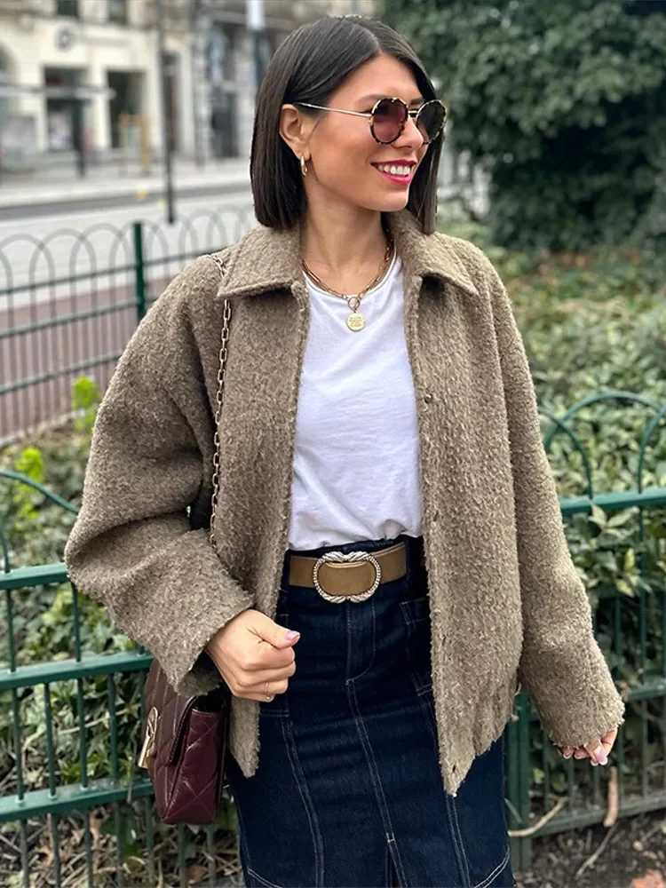 Vintage Lamb Thicken Women's Coat Elegant Laple Full Sleeve Female Short Jackets 2025 Autumn Winter Fashion New Lady Outwears