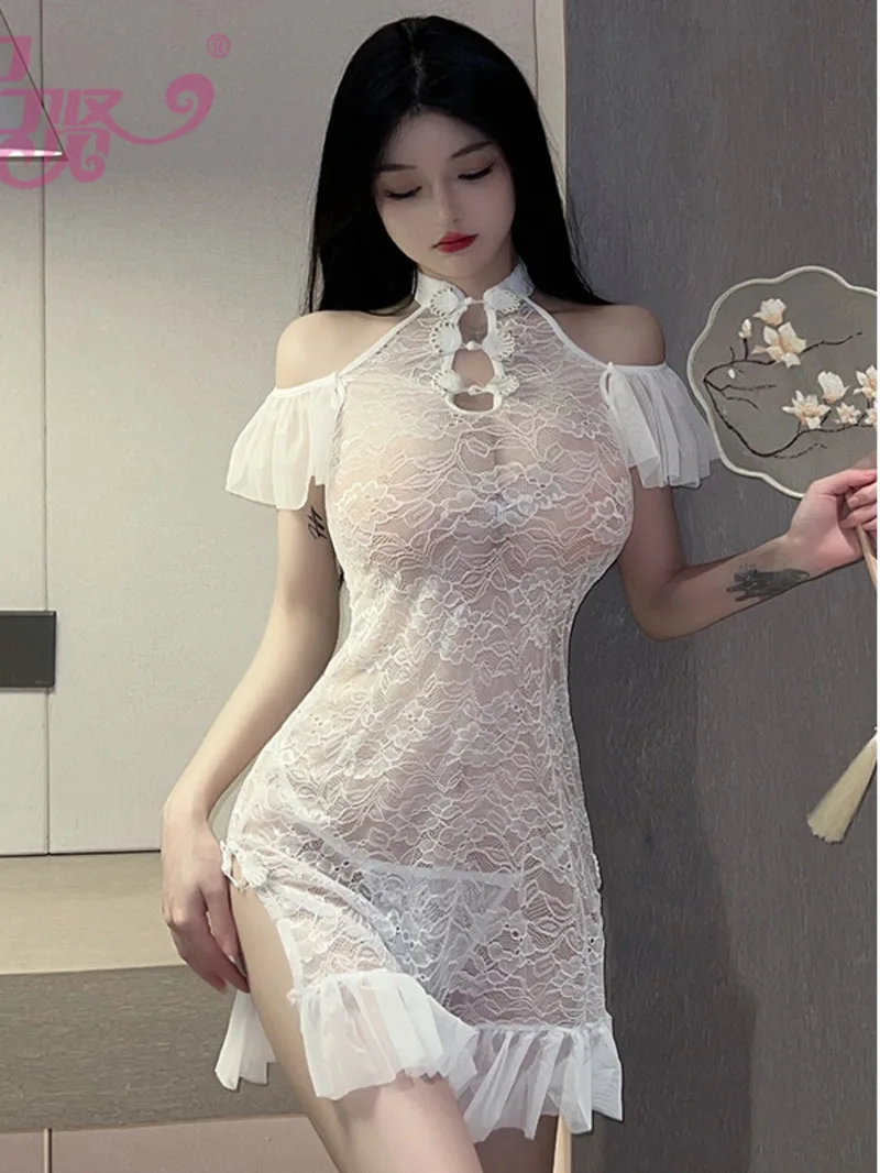 Lace Sheer Women Mesh Hollow Out Ancient Style Qipao Transparent Lace Uniform Cosplay Dress Elegant Hot Sexy Fashion Women Y75Y