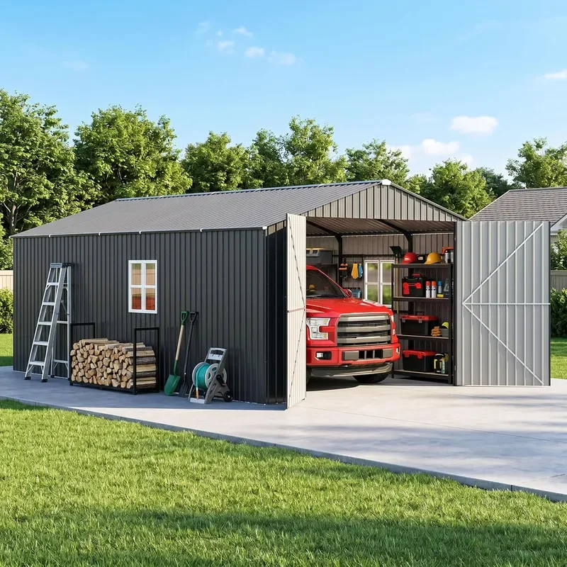 12x20 ft Enclosed Metal Carport Heavy Duty Garage Shed with Windows Lockable Double Doors Side Door Extra Large Outdoor
