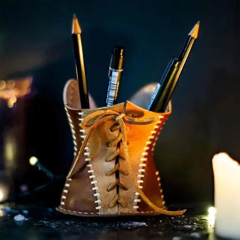 Popular Corset Pencil Cup Leather Tight Corset Pencil Cup Holder Pen Holder Creative Handmade Leather Storage Box Pencil Case