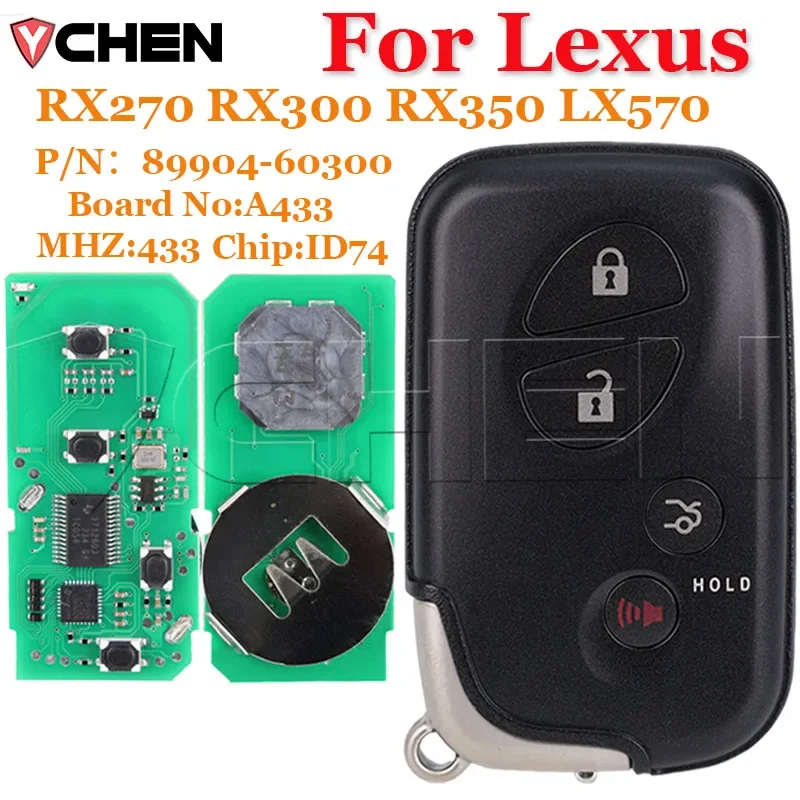 

For Lexus RX270 RX300 RX350 LX570 Board Number:A433 FCCID:B77EA Aftermarket 4 Button Smart Remote Key2012ASK 433.92MHz ID74 Chip