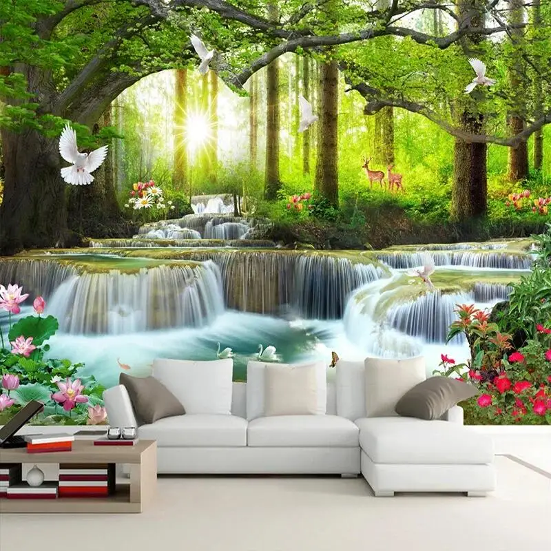 

Custom Mural Wallpaper 3D Nature Landscape Forest Waterfalls Photo Wall Painting Living Room TV Sofa Backdrop Wall 3D Home Decor