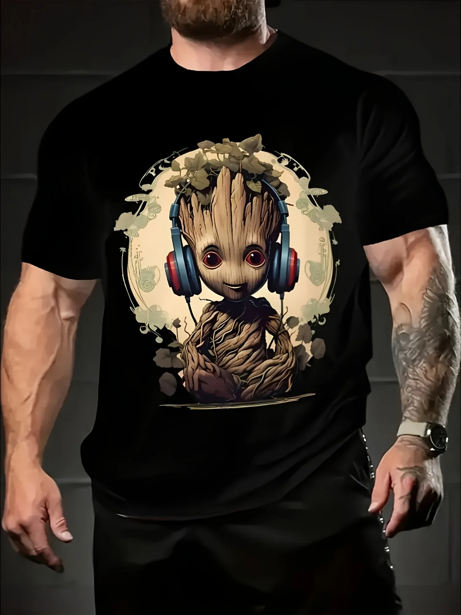 

Мужская футболка с рисунком Marvel Groot — принт, черная повседневная летняя футболка с наушниками и цветочным узором, стандартный крой, круглая