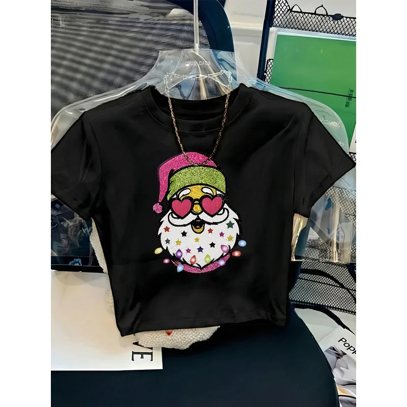 Christmas Women Crop T-shirt Cartoon Santa Clause Graphic Short Sleeve Casual Party Top