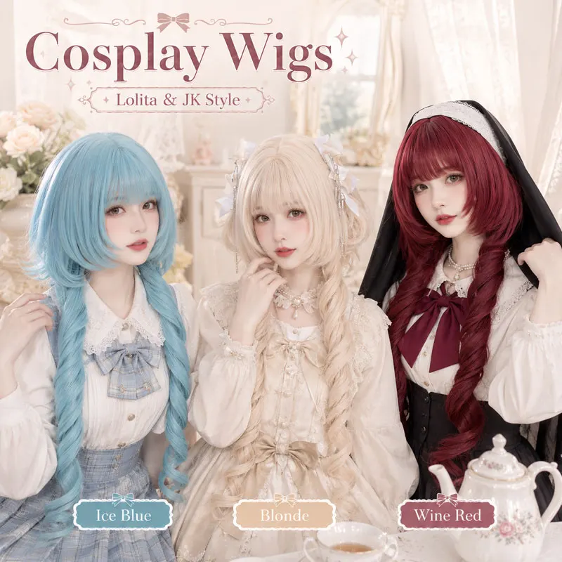 Synthetic Jellyfish Wig With Bangs Natural Curly Long Wig Lolita Women Cosplay Y2K Girls Anime Wig Blue, Light Blonde, Wine Red