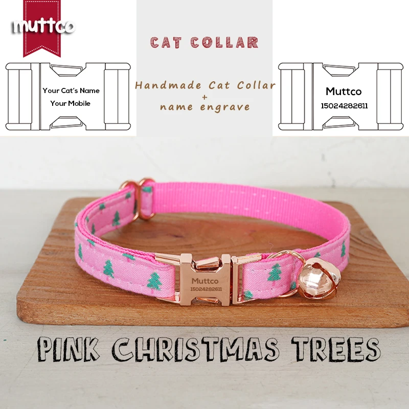 MUTTCO Engraved independently designs christmas print cat collar PINK CHRISTMAS TREES handmade cat collar 2 size UCC218