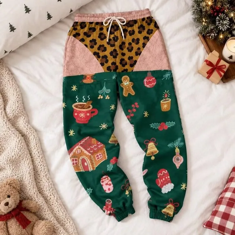 New Funny Fake Butt Cutout Christmas Light Print Unisex Straight Pants, Novelty Trousers for Christmas Party Holiday Loungewear