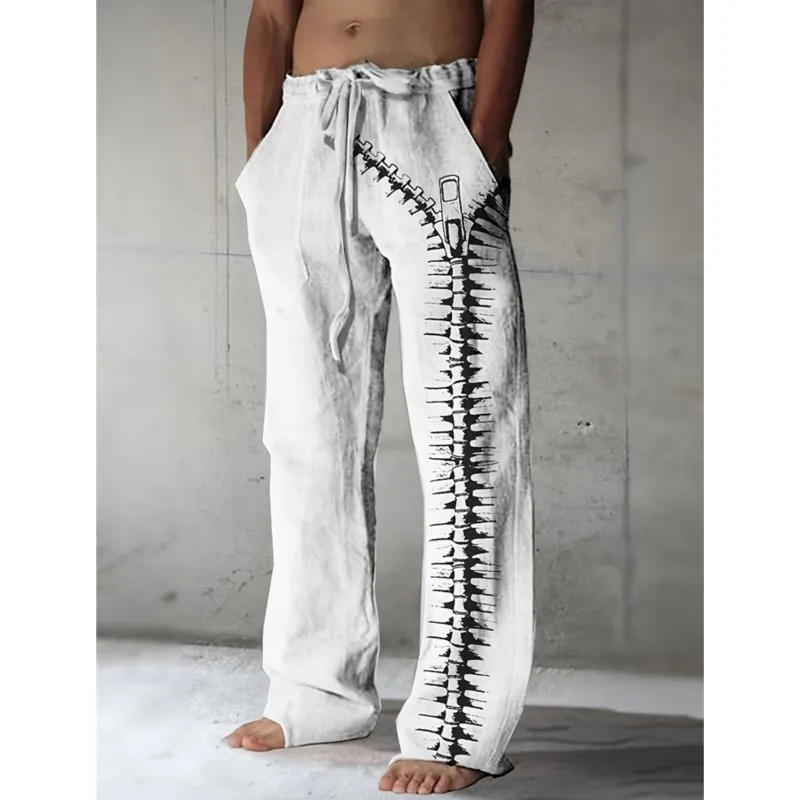 Men's Summer Casual Beach Pants Drawstring Elastic Waist Long Pants Zipper Print Skull Pattern Print Everyday Holiday Streetwear