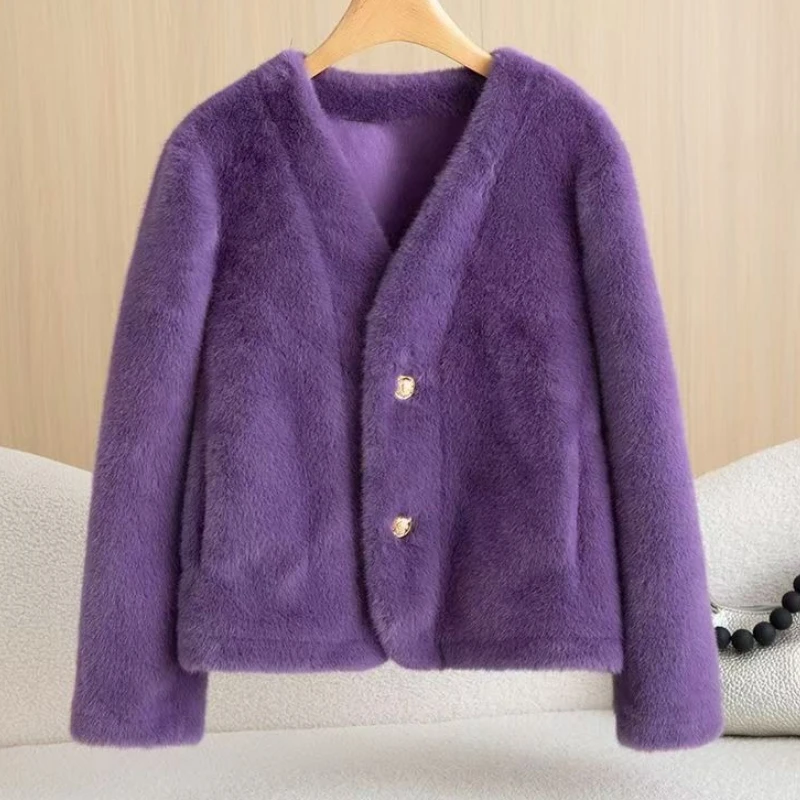 العصرية الخريف الشتاء معطف الفرو المرأة فو الفراء اقتصاص سترة طويلة الأكمام أعلى واحدة الصدر لينة رقيق سترة الخامس الرقبة ملابس خارجية