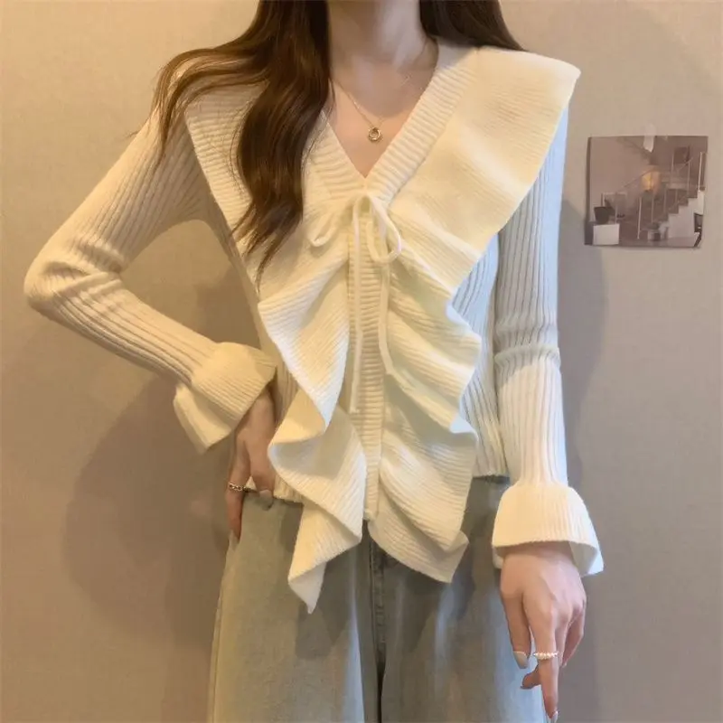 Fashion Ruffles Spliced Knitted Sweaters Slim Female Clothing All-match Solid Color 2024 Autumn Winter V-Neck Drawstring Jumpers