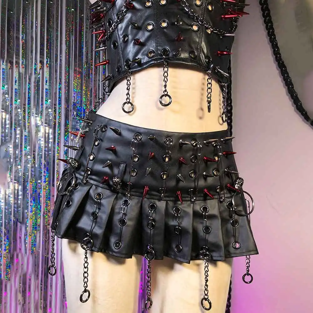 Emo 2025 E-Girls Kawaii Teen Grunge Gothic Skirts Eco DIY Fairy Punk Rock Studded Harajuku 90s Y2K Vegan Leather Hand Made
