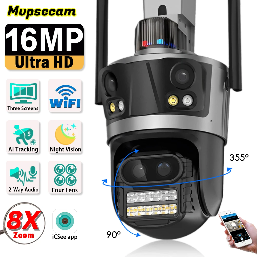 ICsee Security Camera 8K 16MP Four Lens 8X Zoom Outdoor WiFi Wireless CCTV Video Surveillance Auto Tracking Home Protection