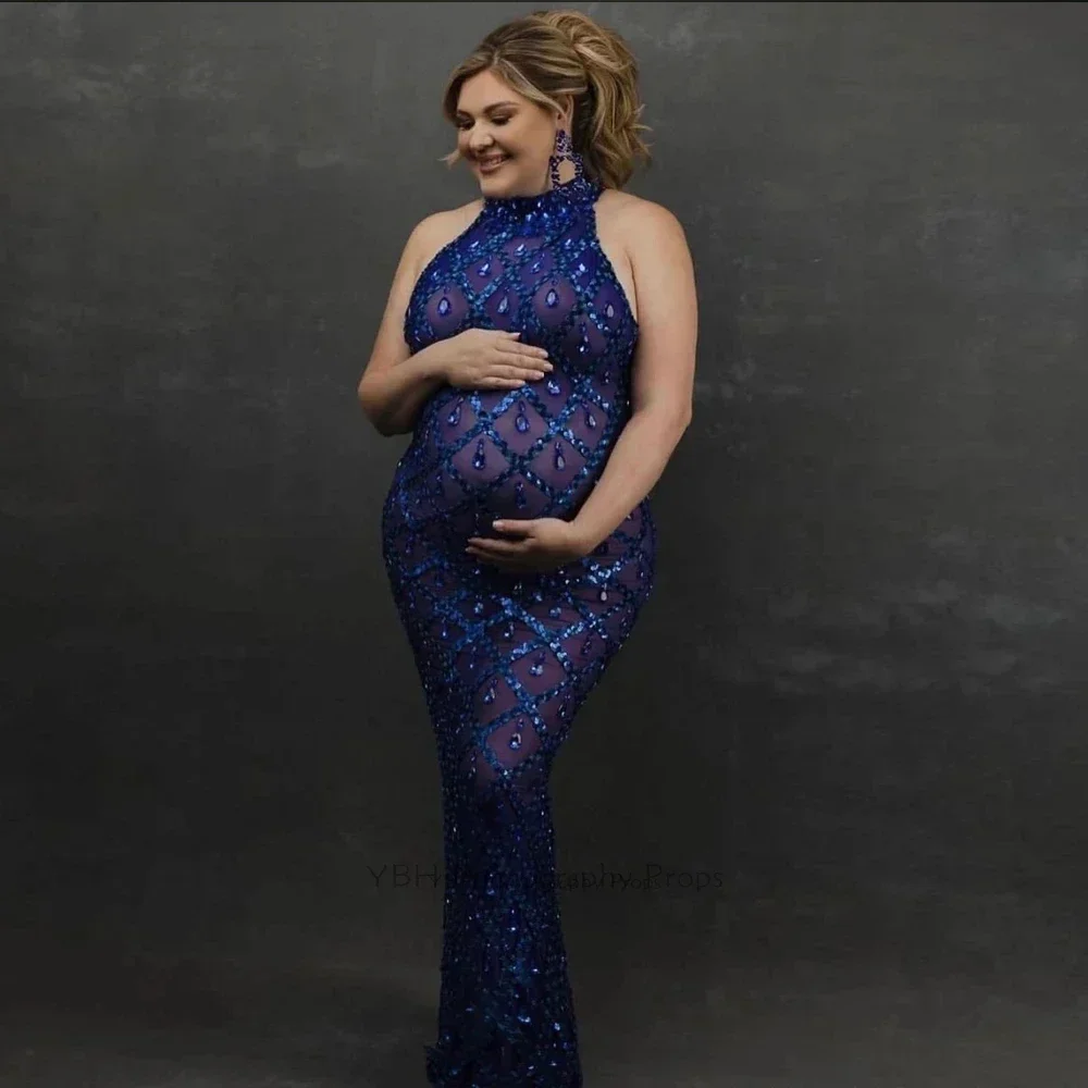 Body de diosa brillante para fotografía de maternidad, vestido de maternidad con diamantes de imitación para sesión de fotos