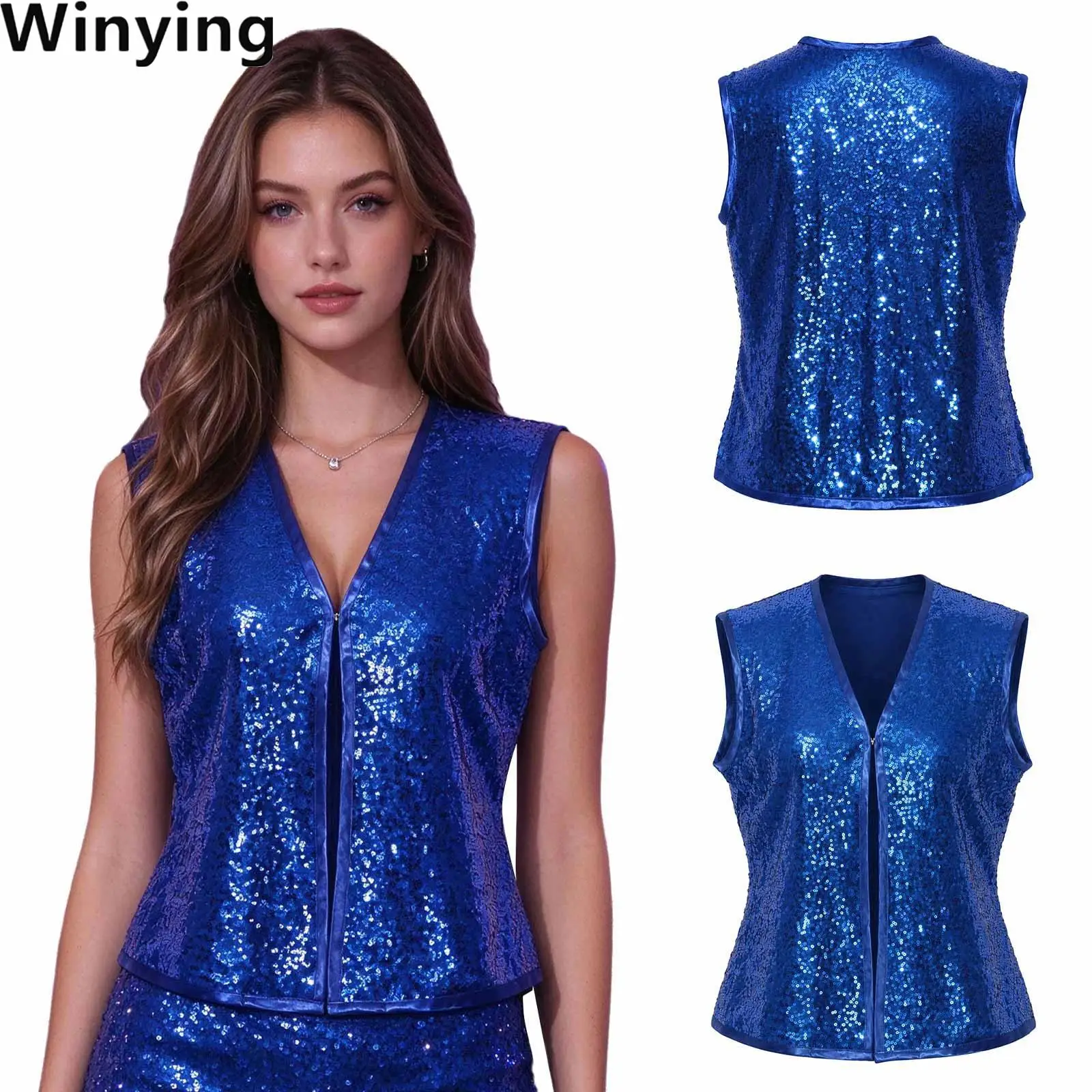 Women Sparkly Sequin Vest V-neck Sleeveless Top for Dance Party Club Concert Music Festival Stage Performance