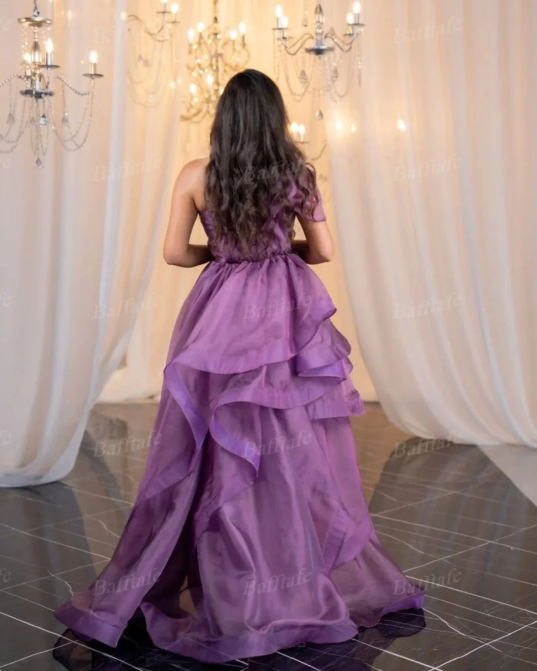 Bafftafe Customized Purple Organza Prom Dresses One Shoulder Pleated Short Front Long Back Women Party Formal Evening Gowns