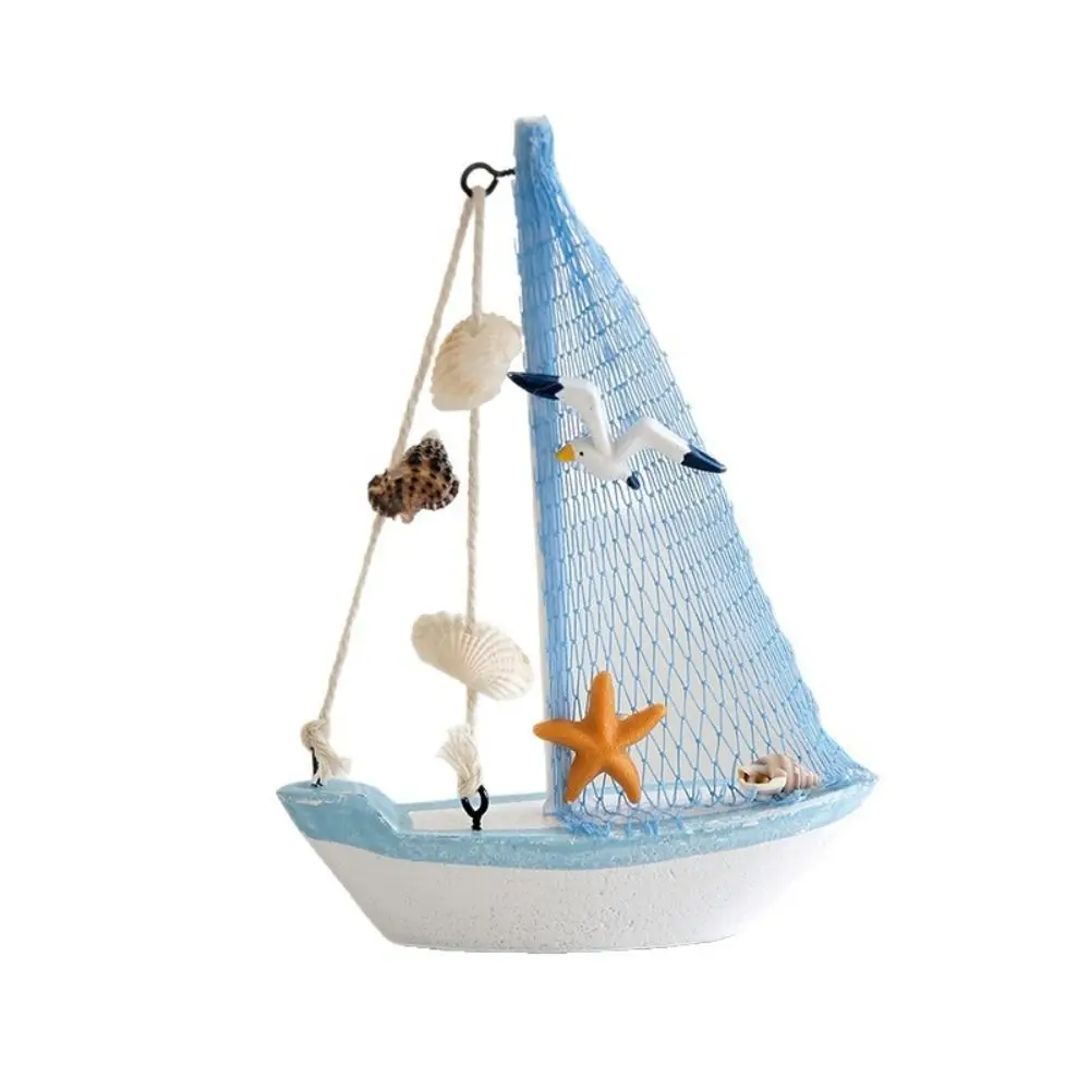 Mediterranean Style Sailing Boat Model Wooden Handmade Wooden Sailing Boat Shells Accent Fishing Net Accent Miniature Sailboat