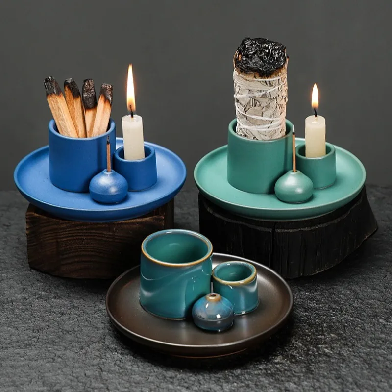 Quemadores de cerámica hechos a mano 4 en 1 para palos de Sage Palo Santo, palitos de incienso, portavelas, quemadores de incienso adecuados para decoración del hogar
