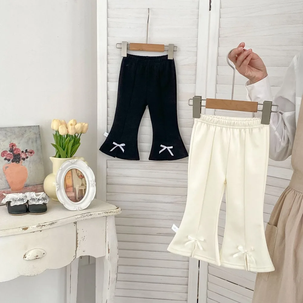 

2025 Autumn Children Girl Pant 0-5Years Toddler Kids Solid Color Elastic Waist Bow Flared Pants Bell Bottom Outfits Clothes