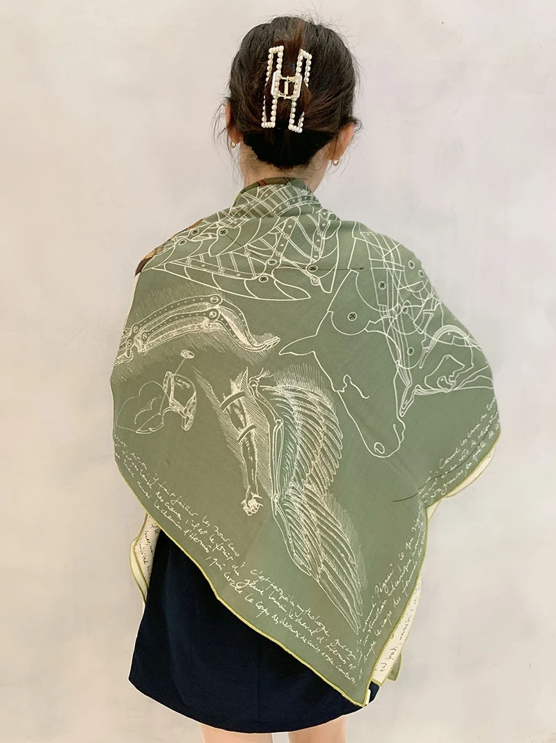 

Horse Print Green Cashmere Silk Wool Scarf 135CM Hems Roller Scarfs Designer Luxury Shawl Pashmina Women Winter Scarves Blended