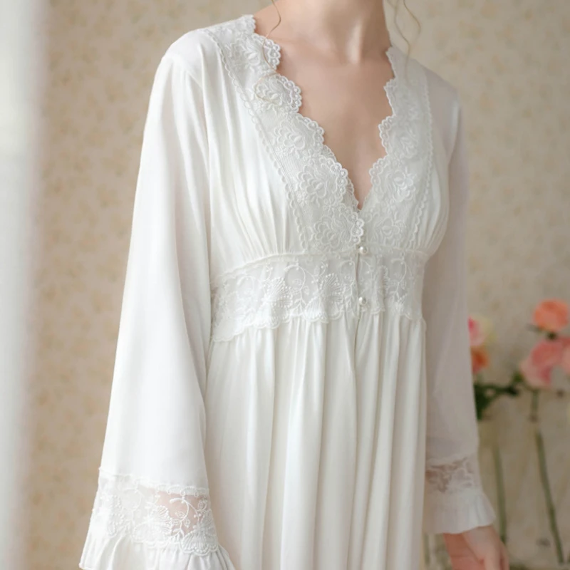 Fairy Two Piece Robe Sets Women Spring Autumn White Cotton Vintage Nightgown Victorian Night Dress Gown Sexy Sleepwear Nightwear