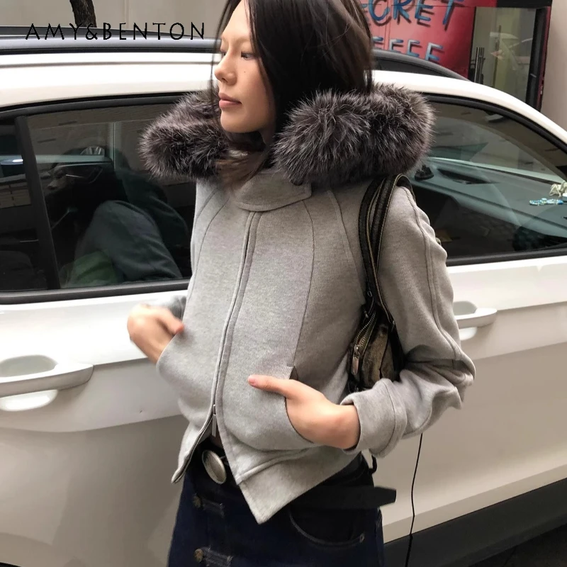 

Женская толстовка с капюшоном и уличным меховым воротником в американском стиле ретро, осень-зима, новая утягивающая куртка на молнии для девочек, женская куртка-кардиган