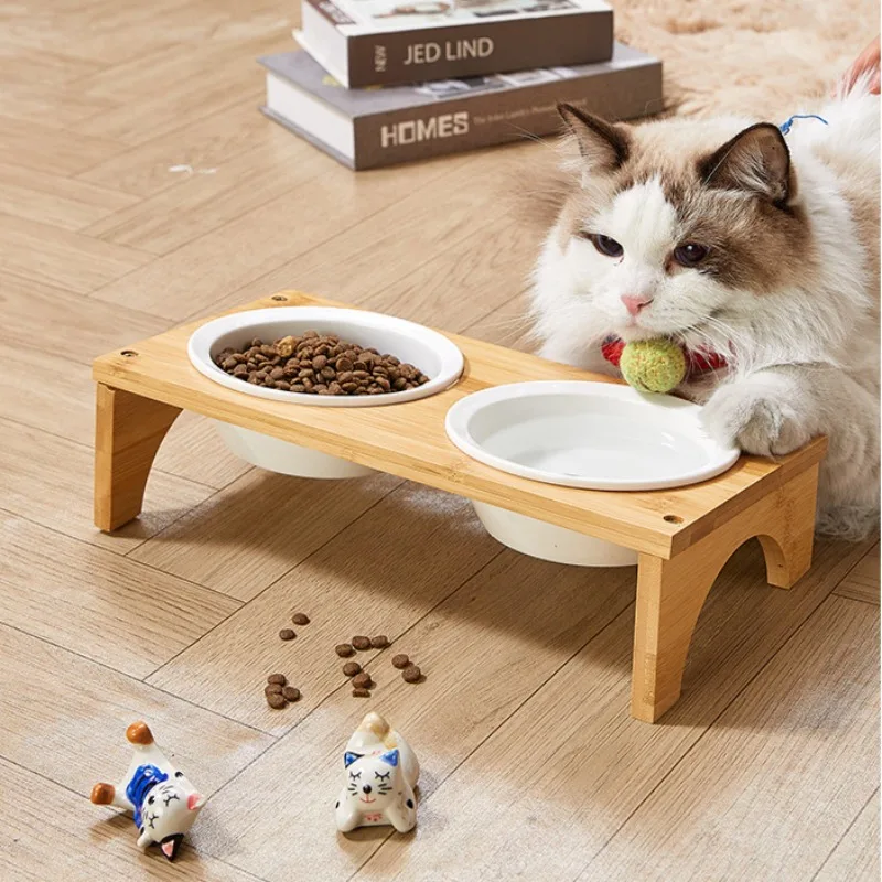 

Pet Feeding Bowl for Cat Wooden Elevated Water Dispenser Dog Ceramics Bowls Home Kitten Puppy Protective Cervical Food Container