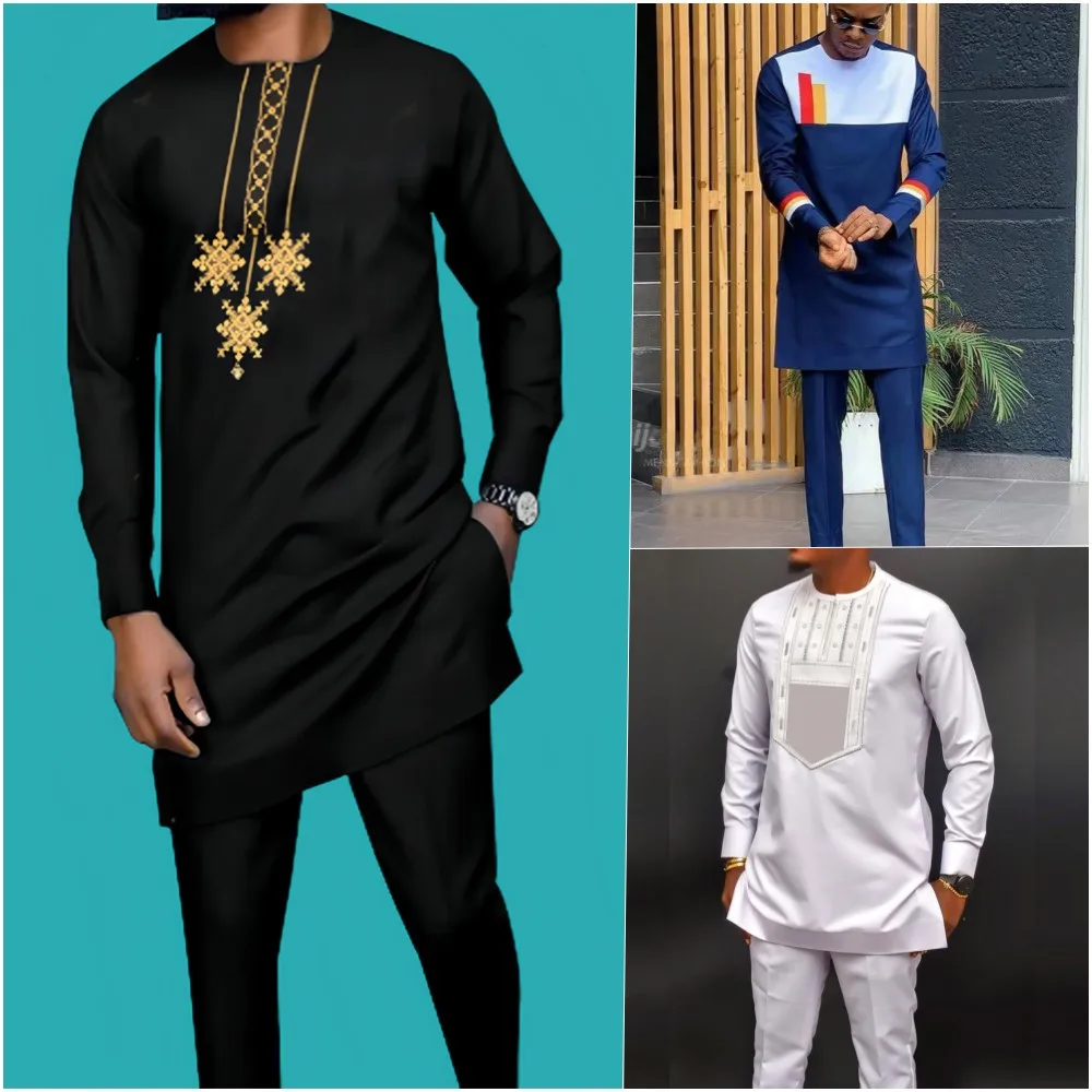 Kaftan Hommes Ensemble 2 Pièces Homme Costumes, Manches sulf, Haut Chemise Pantalon Africain Décontracté Ethnique Mode Tenues Survêtements M-4XL