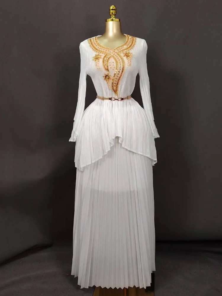 

EGRM женский плиссированный комплект из двух предметов, нерегулярный дизайн с галстуком, кружевной вышивкой, длинный топ и эластичная юбка с высокой талией, комплекты 3GR2896