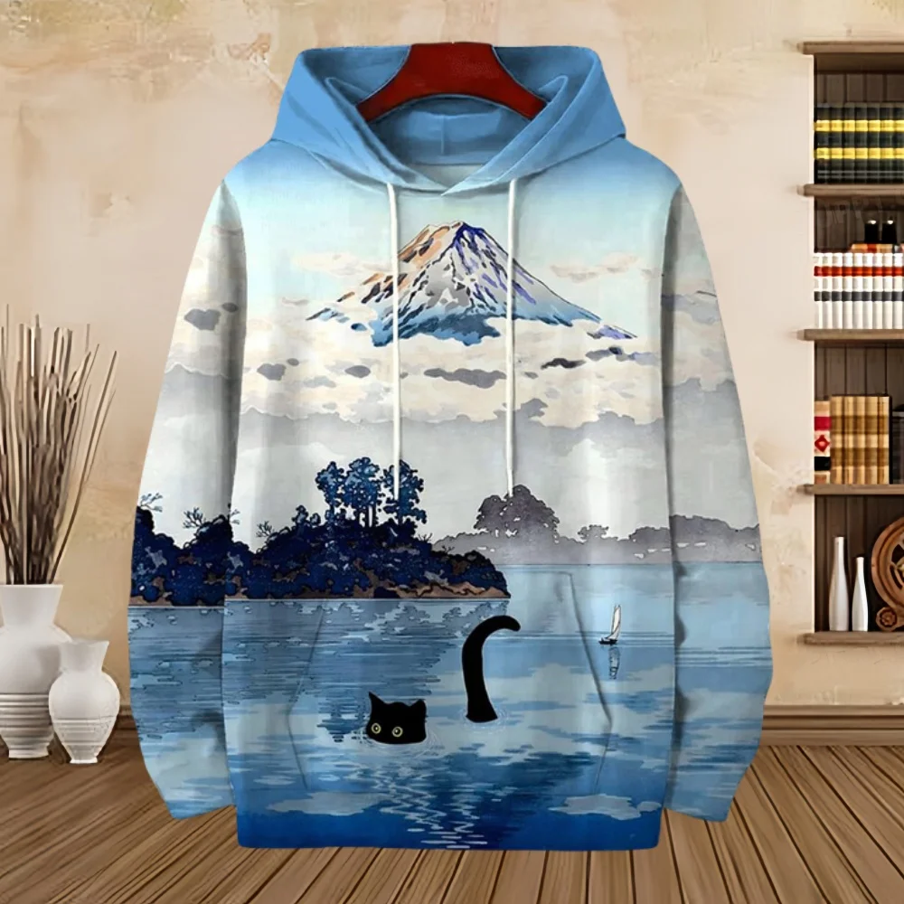 Japanese Harajuku 3D Printed Hoodies For Men Mountain Cat Tentacle Graphic Pullover Sweatshirts Casual Loose Hooded Long Sleeves