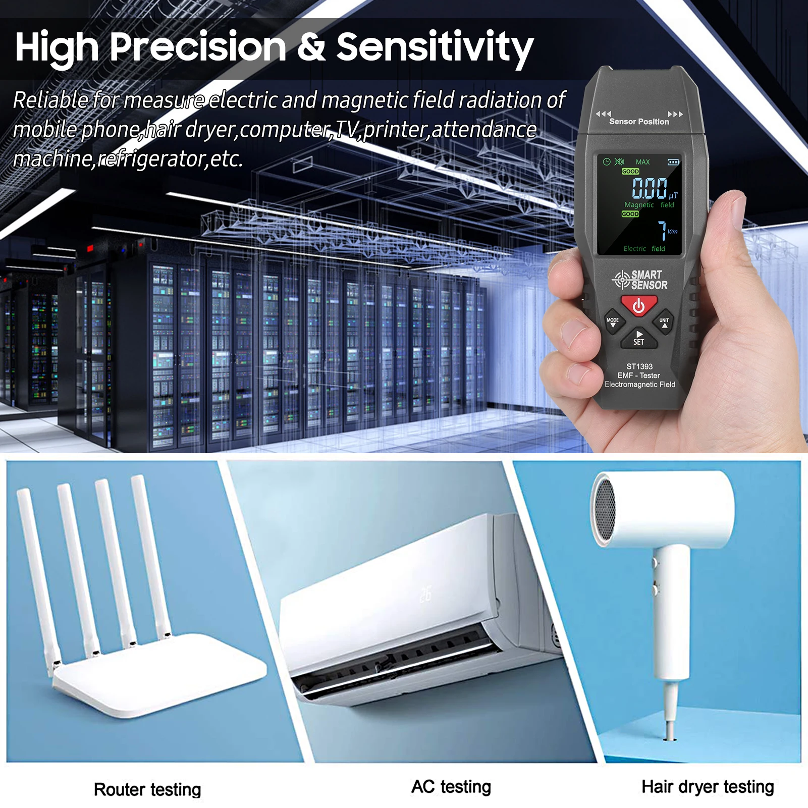 SMART SENSOR ST1393 EMF Meter Electromagnetic Field EMF Detector Handheld Digital LCD Electromagnetic Field Radiation Tester