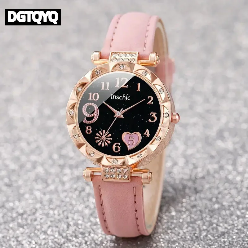 Fashion Casual Love Heart Arabic Numeral Markers Dial Leather Band Women's Quartz Watch