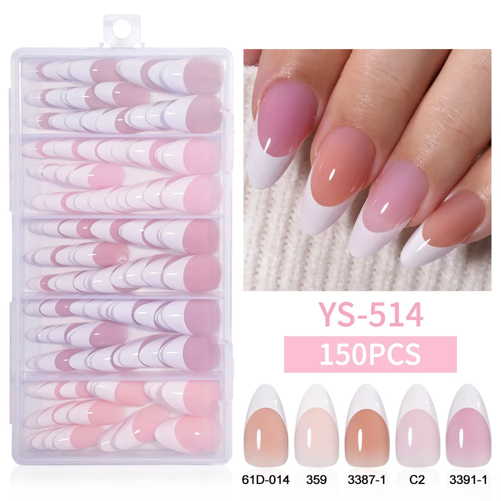150pcs/box Nude Pink Base White French Press On Nails Almond Short Coffin Full Cover Detachable False Nail Stick-on Nails