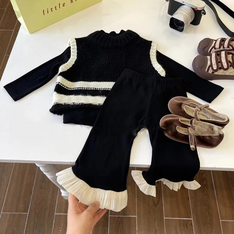 

Children's Clothing Girl Set Autumn 2024 New Baby Fashion Temperament Casual Knitted Vest Lace Flared Pants