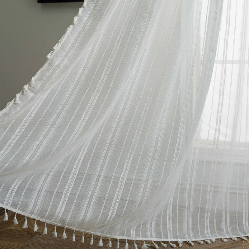 

Linen Textured Striped Semi-Sheer Curtains for Living Room Rod Pockets Boho White Light Filtering Window Drapes for Bedroom Home