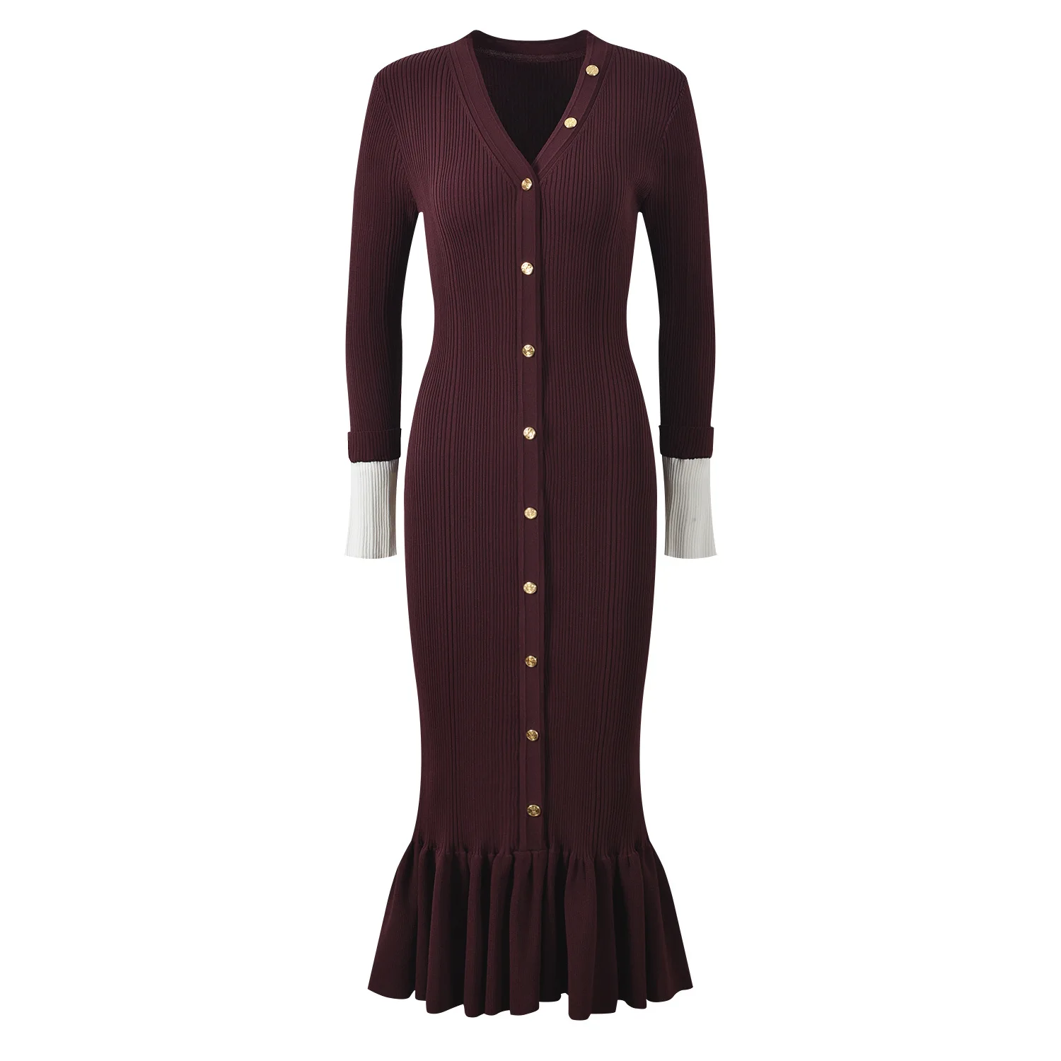

Office Lady Elegant Knitted Maxi Dress Autumn Long Sleelve V Neck Single Breasted Bodycon Dresses Women Party Fashion Vestidos