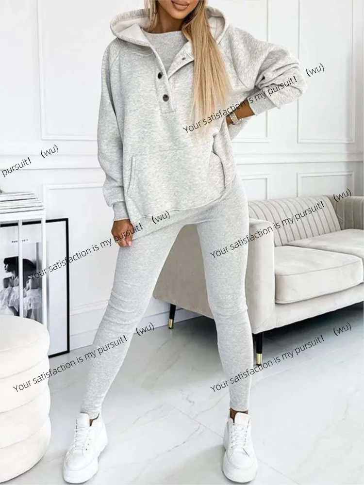 Casual Einfarbig Sportlichen Stil Drei Stück Set Frauen Mit Kapuze Sweatshirt Weste Dünne Hosen 3-teiliges Sets Dame Pendeln Anzüge