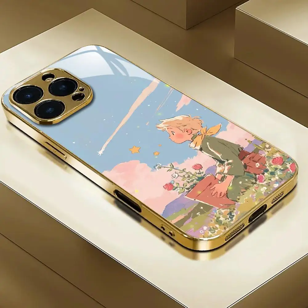 Funda para Teléfono INS Mirror Rose Little Prince para iPhone 17 AIR 16 15 14 13 12 Pro Plus Max, Funda de Vidrio Electrochapada en Oro
