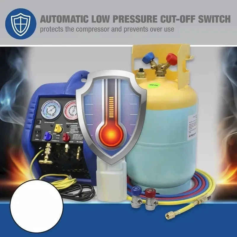 نظام استرداد مكيف الهواء للسيارات - معتمد من SAE J2810، خزان 30 رطل، ضاغط أقل الزيت، تشغيل تلقائي بالضغط المنخفض.