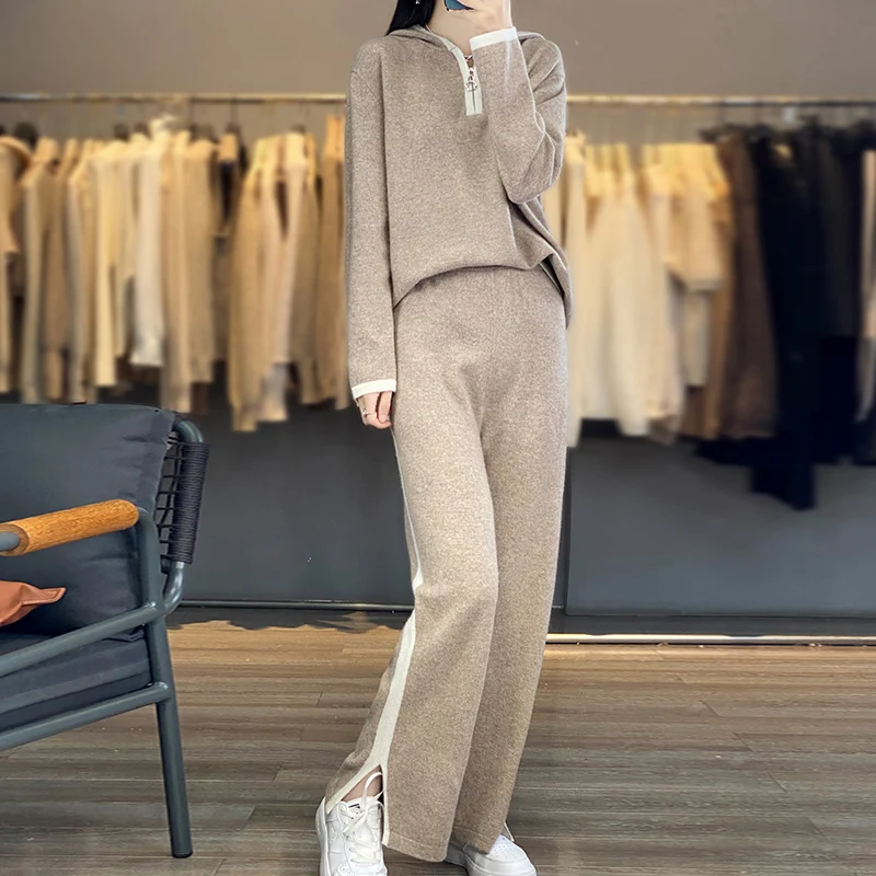 100% wool pullover, spring and autumn fashion casual set, women's new Korean sportswear, loose fitting and age reducing two-piec